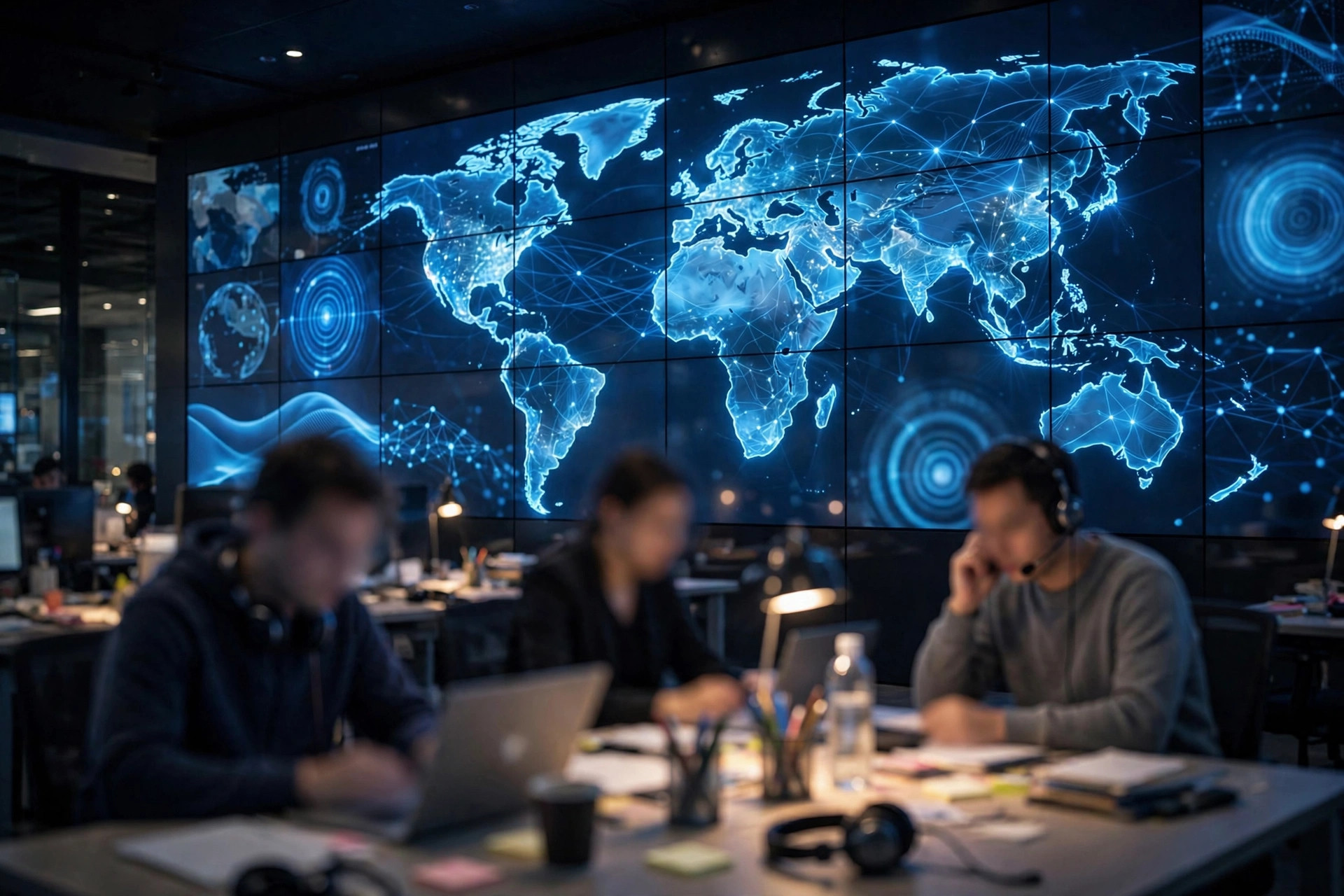 Une rédaction mondiale la nuit — le système d'intelligence Magna Bureau