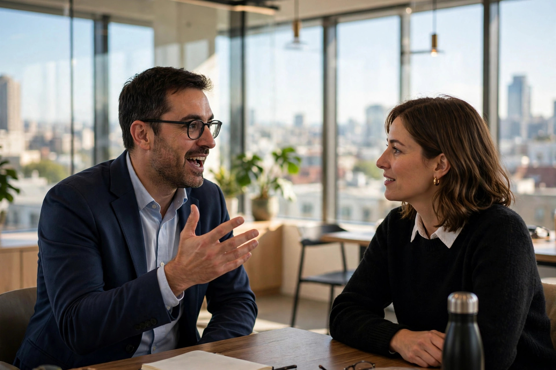 Deux professionnels en conversation — le système de communication Denglish Pro