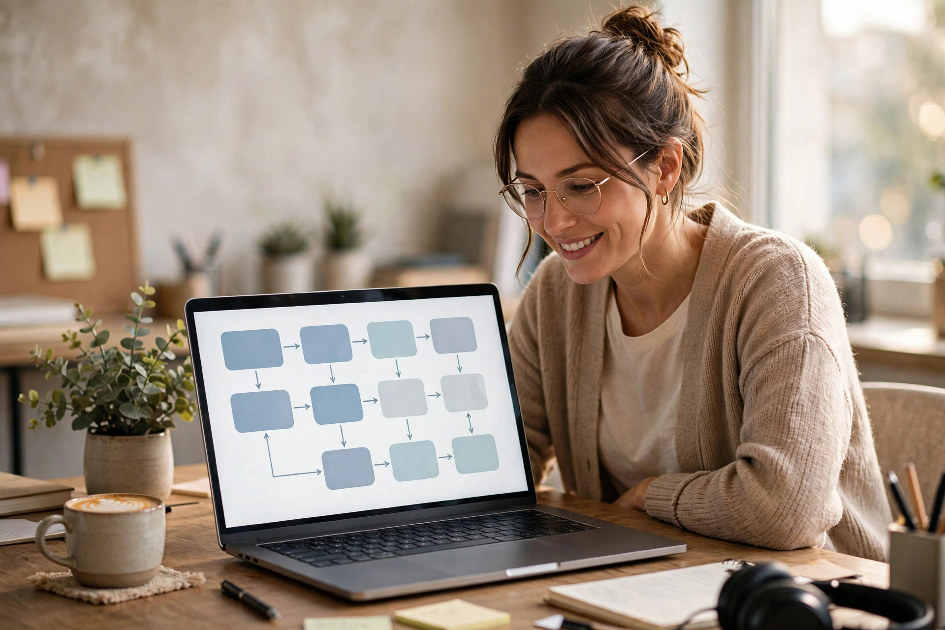 Une personne qui conçoit un flux de travail automatisé sur un ordinateur portable — la technologie qui simplifie le vrai travail